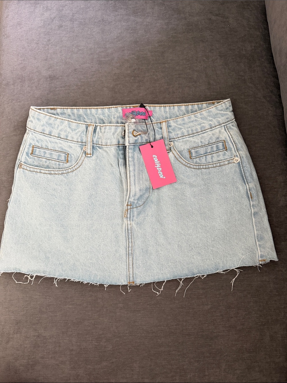 Edikted Light Blue Denim Mini Skirt with Frayed Hem